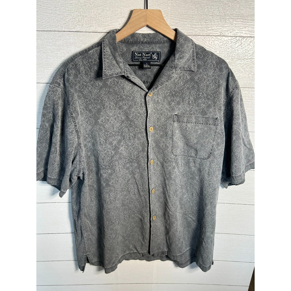 Nat Nast Mens Large Silk Blend Short Sleeve Camp Shirt Black Jacquard Paisley